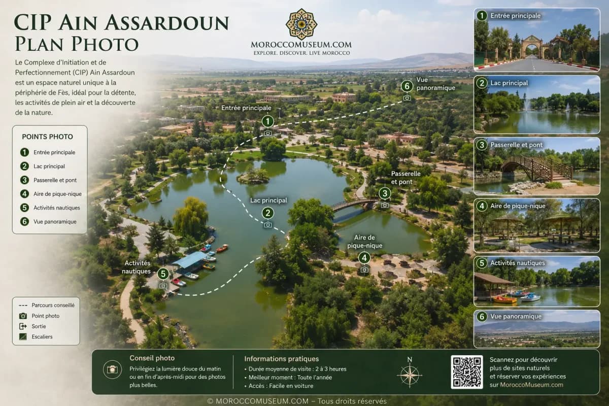 Vue du CIP Ain Assardoun à Béni Mellal avec ses jardins, espaces verts, sources d’eau et paysages naturels du Moyen Atlas au Maroc
