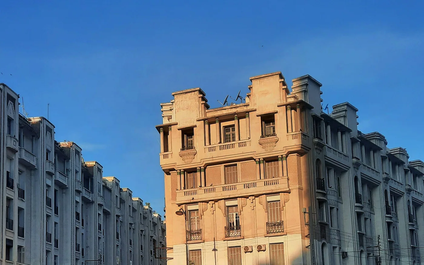 Old building in central Casablanca at sunset