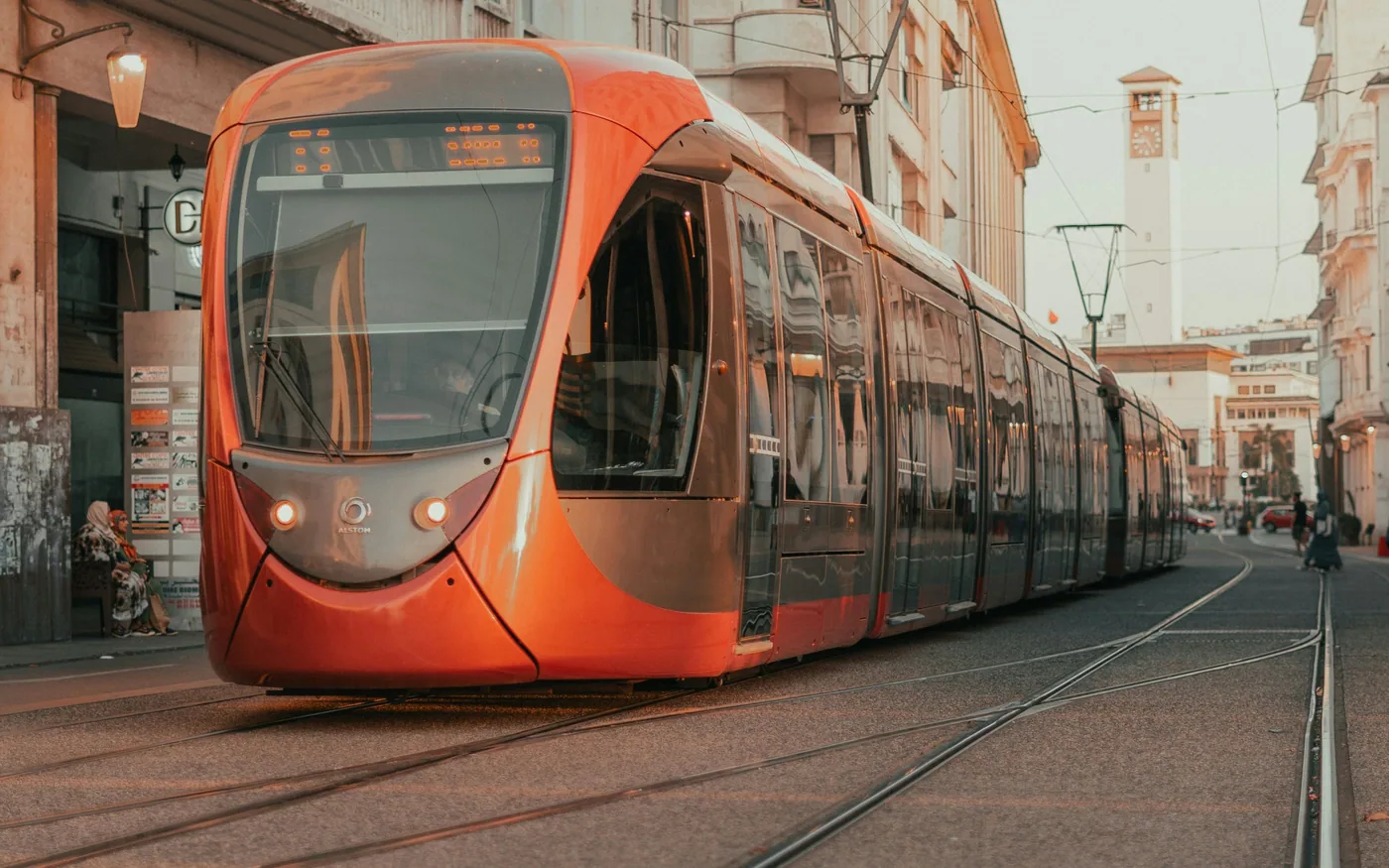 Orange tram in a Casablanca city center street