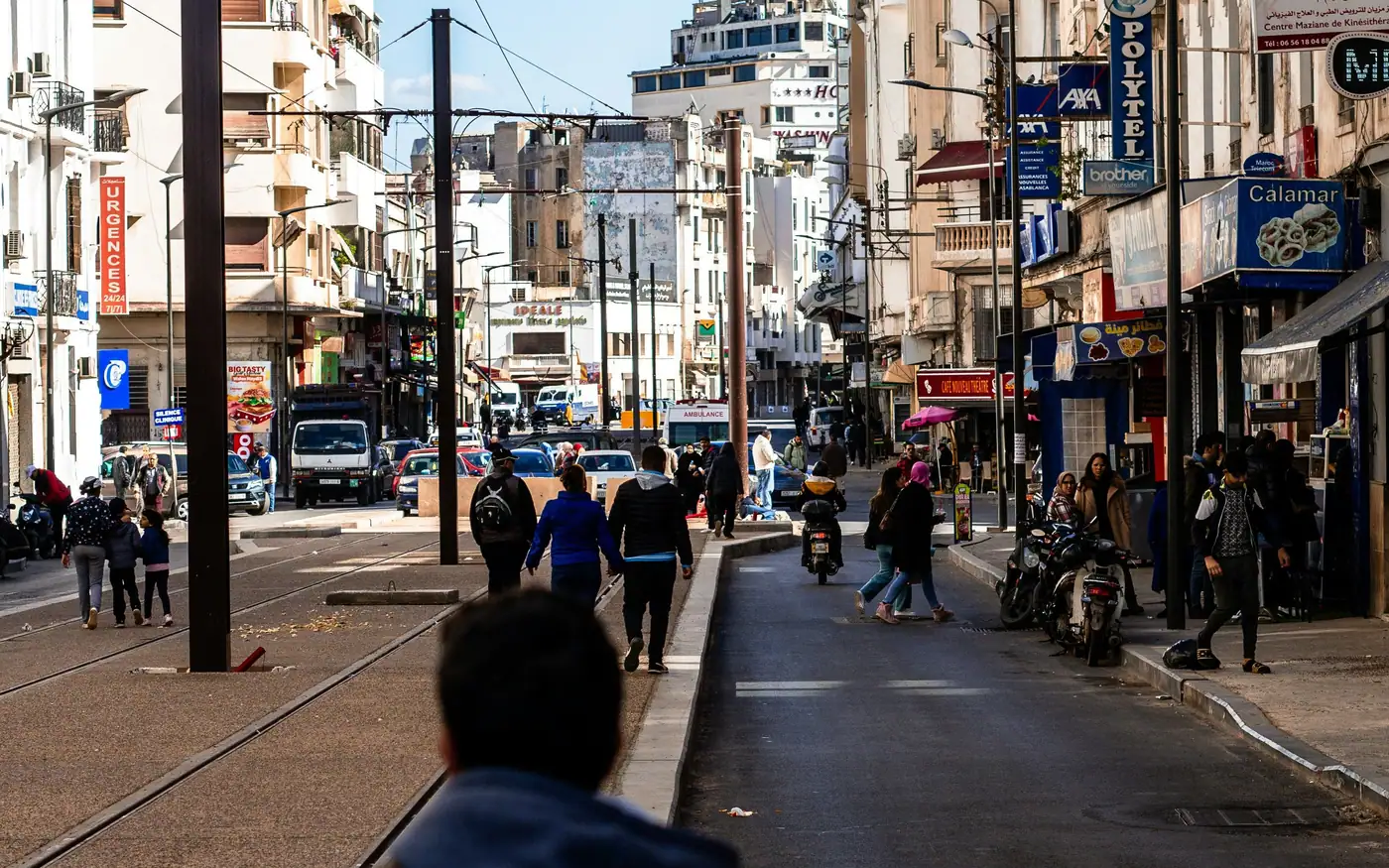 Tramway running through a street in central Casablanca