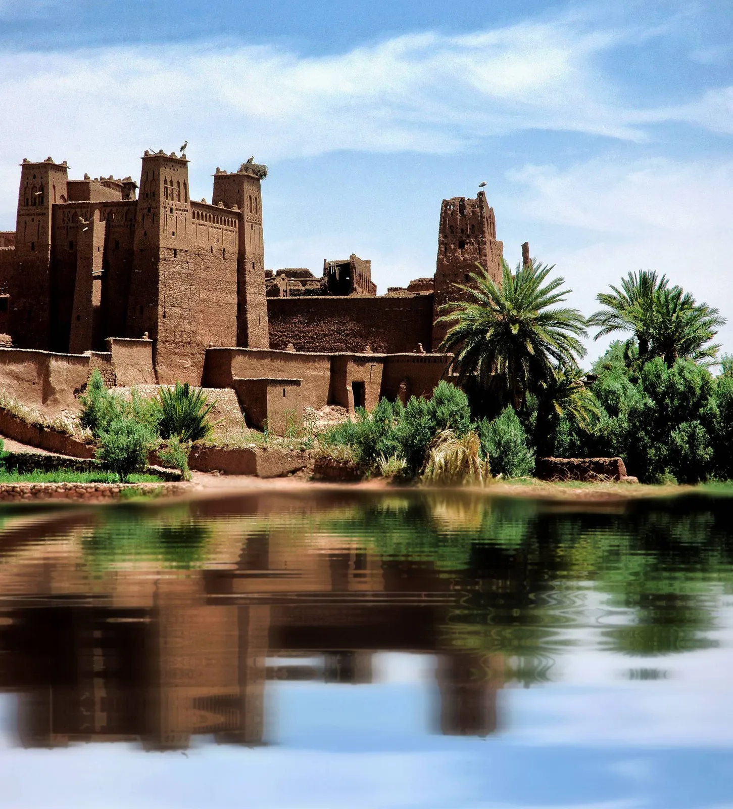 Kasbah de tierra rodeada de palmeras en un oasis del sur de Marruecos