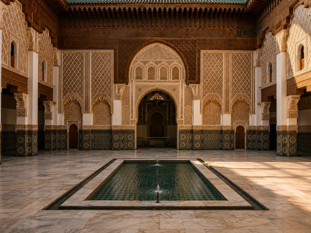 Patio d'architecture marocaine traditionnelle, bassin central et zelliges