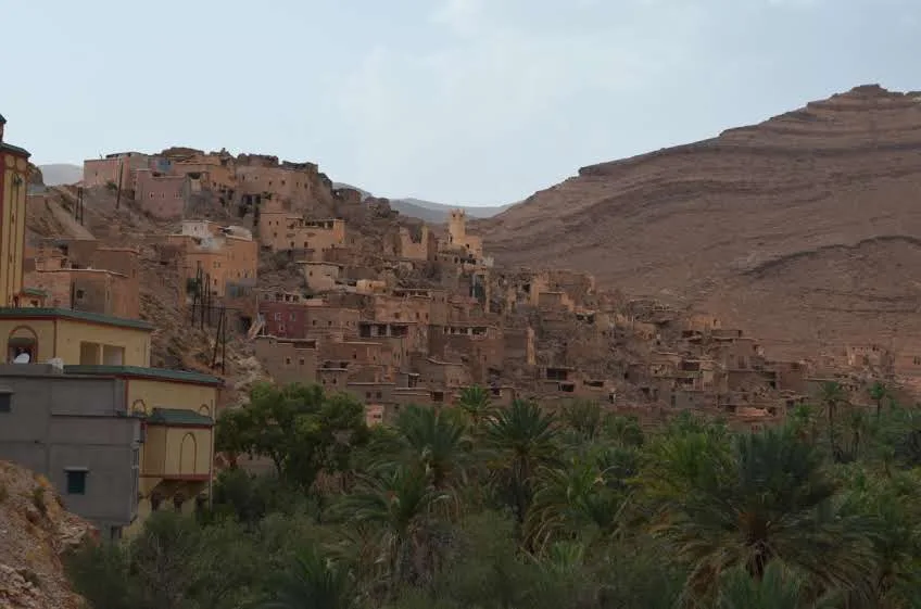 Village de maisons en terre adossé à la montagne, au-dessus de palmiers